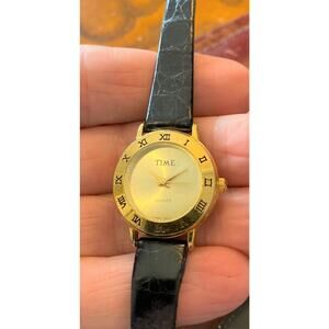 Women's 25mm Time Magazine Watch, Gold Tone with Black Band, New Battery